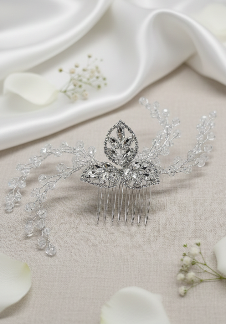 Stella polare - Pettinino da sposa con fiore in strass e rami di cristalli