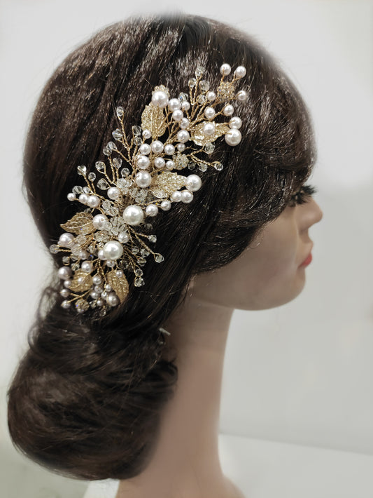 2258FR- Pettinino da sposa con perle e foglioline ottone