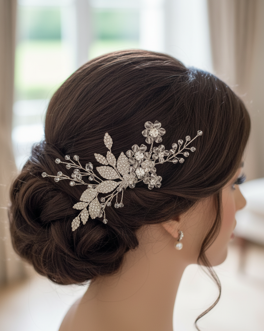 Bloom - 2200FR- Pettinino da sposa con fiori e foglioline in strass