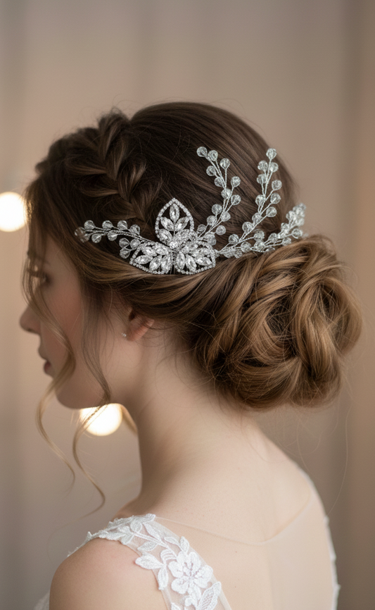 Stella polare - Pettinino da sposa con fiore in strass e rami di cristalli